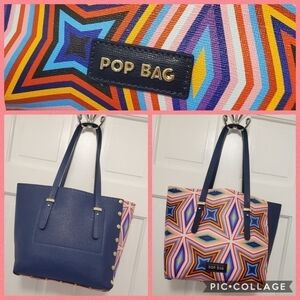 Pop Bag USA Kaleido & Navy Medium Saffiano Leather Tote Colorful, Stylish